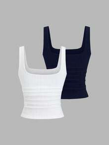 Sweetra Bộ 2 áo tank top dệt kim cổ vuông màu mơ và nâu cà phê dành cho nữ, kiểu dáng thường ngày, thích hợp cho mùa thu. - Nhiều màu - Xem 2