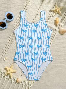 Young Girls' Fresh Blue Bow Accent & Wavy Line Print One-Piece Swimsuit, Suitable For Summer Vacation, Beach, Pool - Blue - View 3