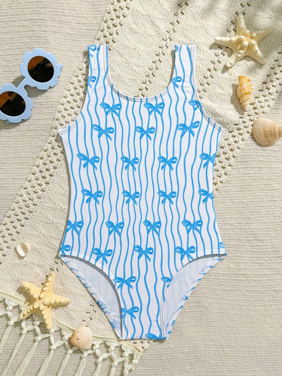 女童清新蓝色蝴蝶结装饰波浪纹印花连体泳衣，适合夏季度假、海滩、泳池穿着 - 藍色 - 查看 1