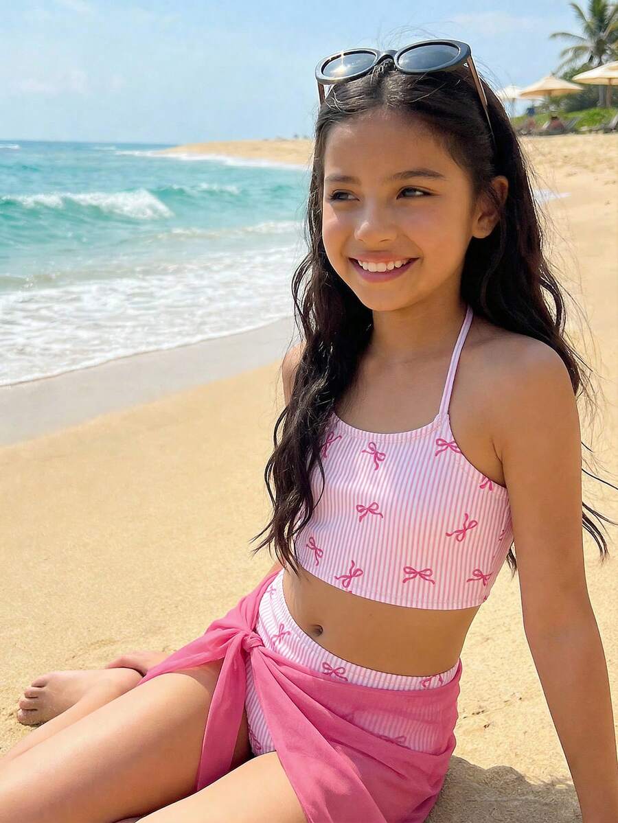 少女休闲粉色可爱条纹蝴蝶结印花比基尼套装和罩裙 - 彩色 - 查看 1