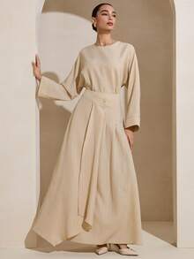 Graceveil Casual Long Sleeve Top & Flared Skirt Arabic Style Set For Women, Apricot Color - Apricot - View 4