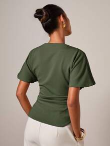 COSMINA 女士优雅褶皱圆领T恤，适合所有季节 - 軍綠色 - 查看 2