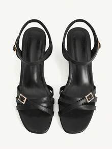 CUCCOO CHICEST Sandálias femininas elegantes com salto grosso, bico quadrado e tiras cruzadas com fivela de strass, ideais para uso diário e ocasiões especiais. - Preto - Ver 10