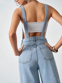 SHEIN جمبسوت جينز كاجوال للنساء بلون أزرق فاتح - أزرق فاتح - مشاهدة 2
