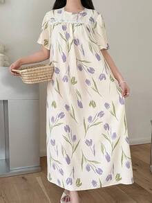 SHEIN 少女日式休闲郁金香花朵荷叶边袖圆领蕾丝边睡裙 - 杏色 - 查看 1