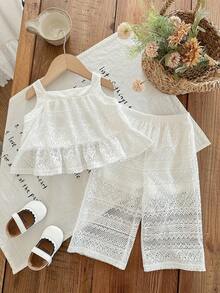 SHEIN 女婴可爱度假休闲米色针织提花吊带背心和松紧腰短裤套装 - 米色 - 查看 2