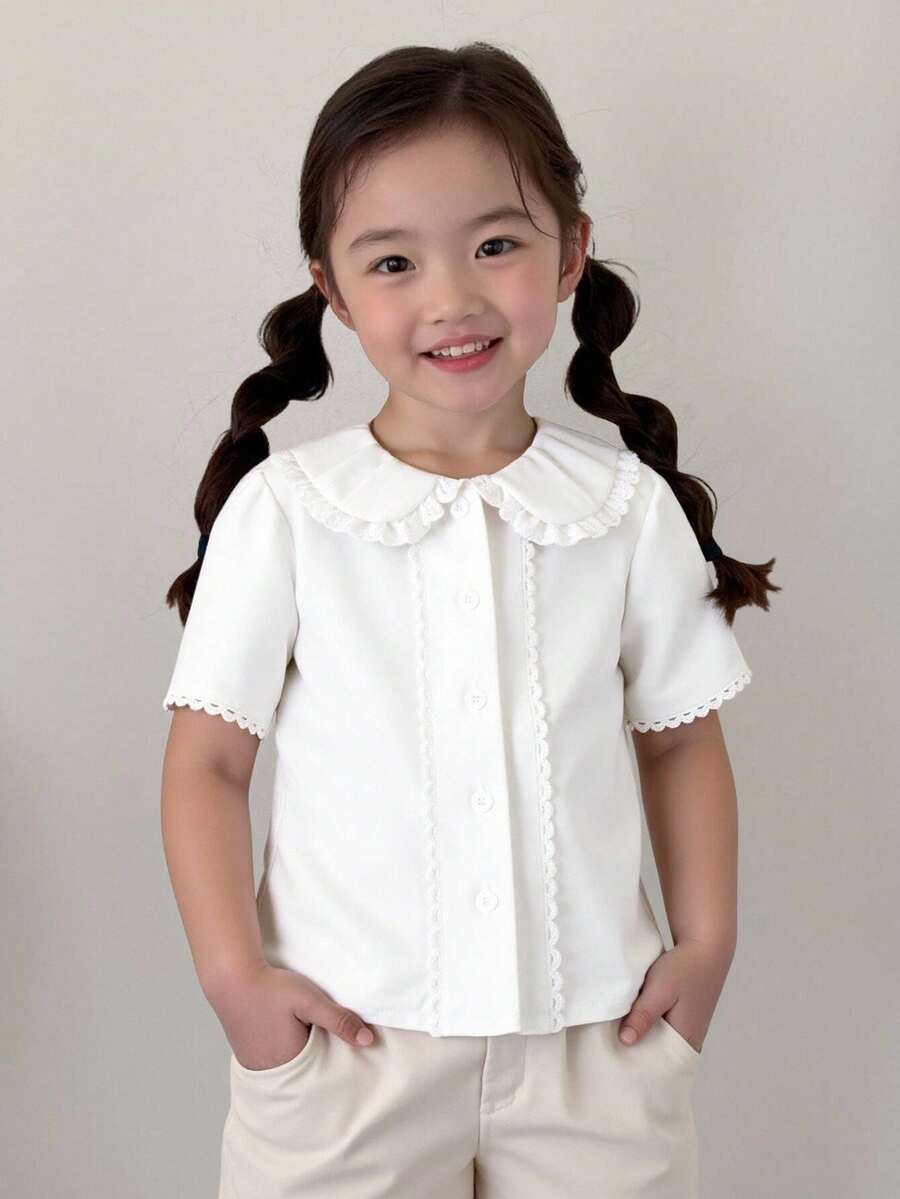 Elladie kids 女童休闲简约白色蕾丝边短袖衬衫,百搭时尚春夏新品,校园风 - 白色 - 查看 1