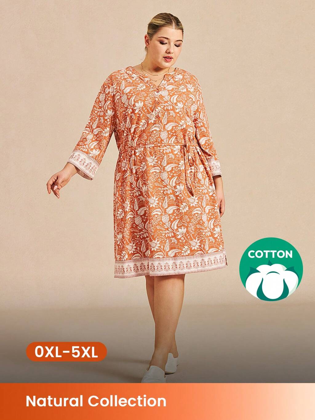 Plus Size Cotton Patterned Basic Dress Long Nightdress