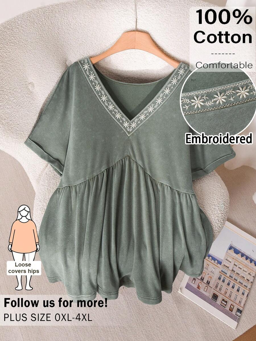 CosyJoli 大码女式V领刺绣休闲水洗短袖T恤 - 綠色 - 查看 1