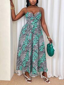 Xyvia 女士多色不规则随机印花吊带系腰飘逸连衣裙，优雅精致，适合情人节、复活节、五一劳动节、生日、约会、派对、正式场合、教师装、旅行、春夏穿着。 - 彩色 - 查看 3