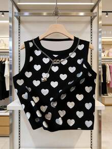 Resyla New Fashion Women's Heart Print Black Sleeveless Tank Top, Summer - Multicolor - View 4