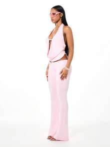 BABYPHAT High Rise Flare Leg Leggings With Lace Up Back Detail Stretchy Fabric Bell Bottom Style Pants - Pink - View 5