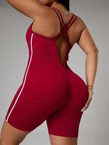 SHEIN Sports 大码女式露背交叉设计连体衣 - 玫紅色 - 查看 1