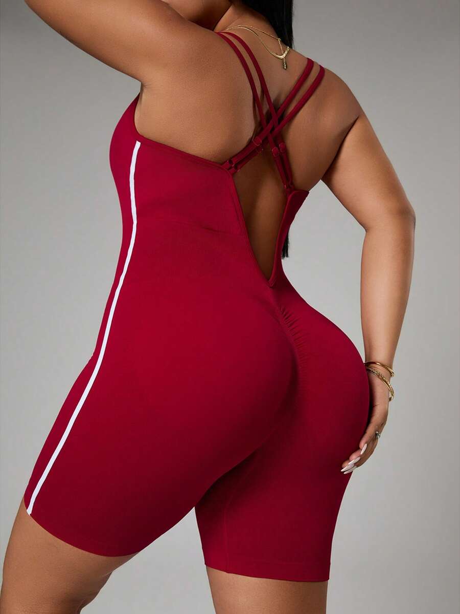 SHEIN Sports 大码女式露背交叉设计连体衣 - 玫紅色 - 查看 1