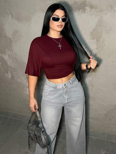 Dayanna Comas Women's Casual Fashion Street Chic Solid Color Bat Sleeve Pleated Fitted Cropped T-Shirt, Summer,Red Top