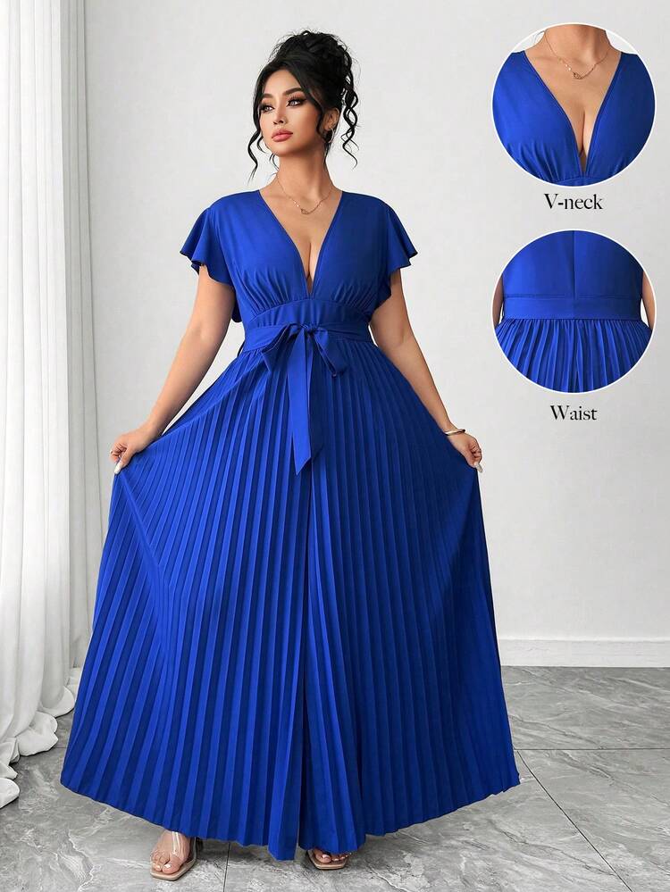Elenzga Plus Size Royal Blue V-Neck Ruffle Sleeve Wide Leg Jumpsuit, Office Casual Outfit Royal Blue Women Blue Long Dress Summer Maxi Dress Elegant Maxi Dress Formal Blue Wedding Guest Dress Royal Blue Dress Women Elegant - Blue - View 3