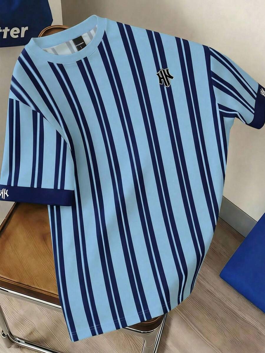 Manfinity Joysei Áo thun nam cổ tròn kẻ sọc, kiểu dáng thường ngày, có cổ tay áo phối màu tương phản. - Nhiều màu - Xem 1