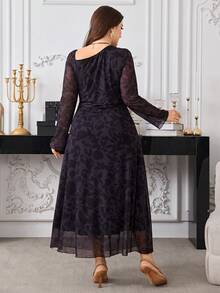Modelyn Plus Size Long Sleeve Elastic Mesh Printed Double Layer Fitted Waist Knit Elegant Dress For Women - Multicolor - View 2