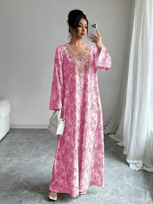 Yasmyna Đầm nữ cổ chữ V tay dài đính sequin thêu họa tiết nhiều màu sắc, dáng rộng, thanh lịch, lãng mạn theo phong cách Ả Rập. - Hồng - Xem 4