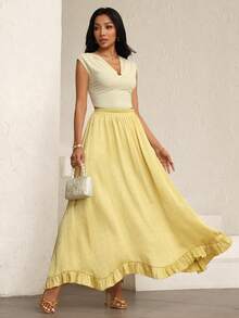 Modelyn Glossy Ruffle Hem Elastic Waist A-Line Flared Elegant Women's Skirt - Mustard Yellow - View 4