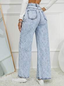 SHEIN Essnce 休闲直筒宽松百搭日常牛仔裤 - 淺色水洗藍 - 查看 2