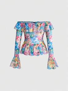 ROMWE Hippie Cubrecuerpo transparente con volantes y hombros descubiertos, estilo vintage de vacaciones en la isla, para mujeres - Azul - Ver 2
