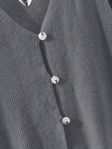 SHEIN Franclia Vintage V-Neck Knit Top,Dark Grey Button Design Textured Ribbed Knit Fabric,Summer Casual School Back-To-School Commute Layering Minimalist Soft Top - Grey - View 6