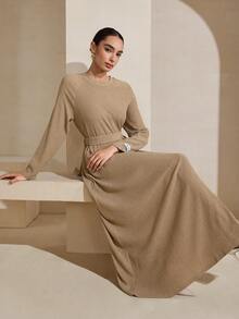 Graceveil Đầm thường ngày thanh lịch, chất liệu vải có họa tiết, cổ tròn, tay raglan, eo rộng, có miếng vá ở tay áo. - Màu Khaki - Xem 7
