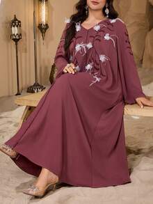Al Najma Casual Solid Color Embroidered 3D Floral Decor Long Sleeve Loose Regular Spring/Autumn Plus Size Women Arabic Maxi Dress - Redwood - View 1
