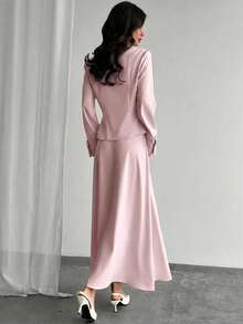 Firerie Conjunto de blazer de manga larga de unicolor y falda evasé elegante de diseño minimalista - Rosa vieja - Ver 2