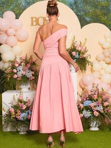 Loomaby Maternity Pink Elegant Summer Wrap Dress,One Shoulder Asymmetric Waist Tie Pregnant Dress For Baby Shower,Gender Reveal & Pregnancy Photoshoot - Pink - View 5