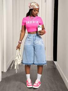 BamGleam Women's Street Fashion Letter Embroidery Slant Pocket Frayed Hem Washed Denim Jeans - Light Wash - View 1