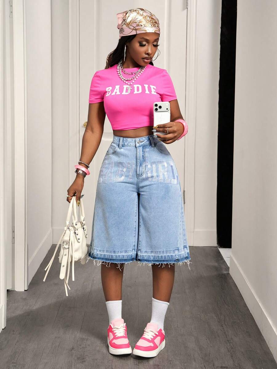 BamGleam Women's Street Fashion Letter Embroidery Slant Pocket Frayed Hem Washed Denim Jeans - Light Wash - View 1