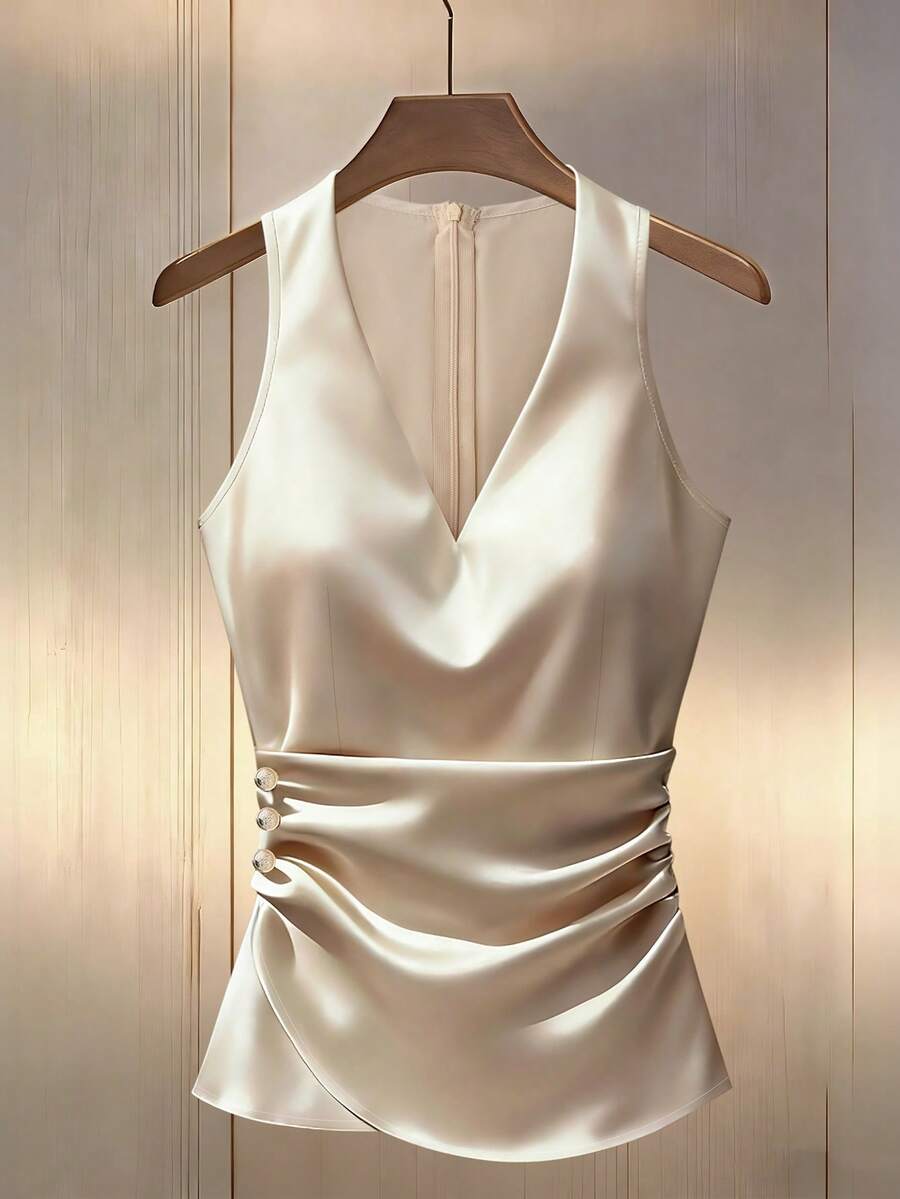 Franclia Women's Plain Champagne Sleeveless Tank Top V Neck Regular Length Zipper Detail - Champagne - View 1