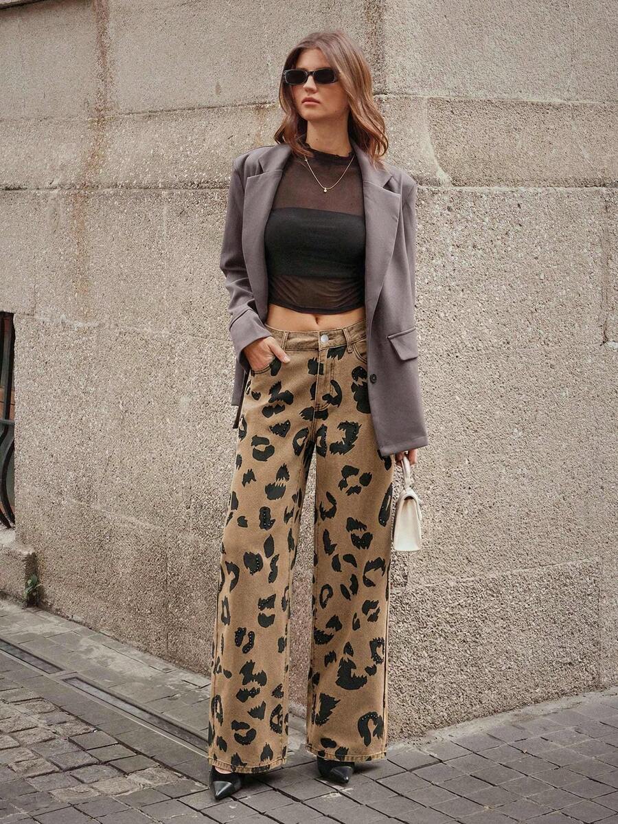 SHEIN Unity Women's Leopard Print Pocket Wide Leg Loose Casual Jeans - Khaki - View 1
