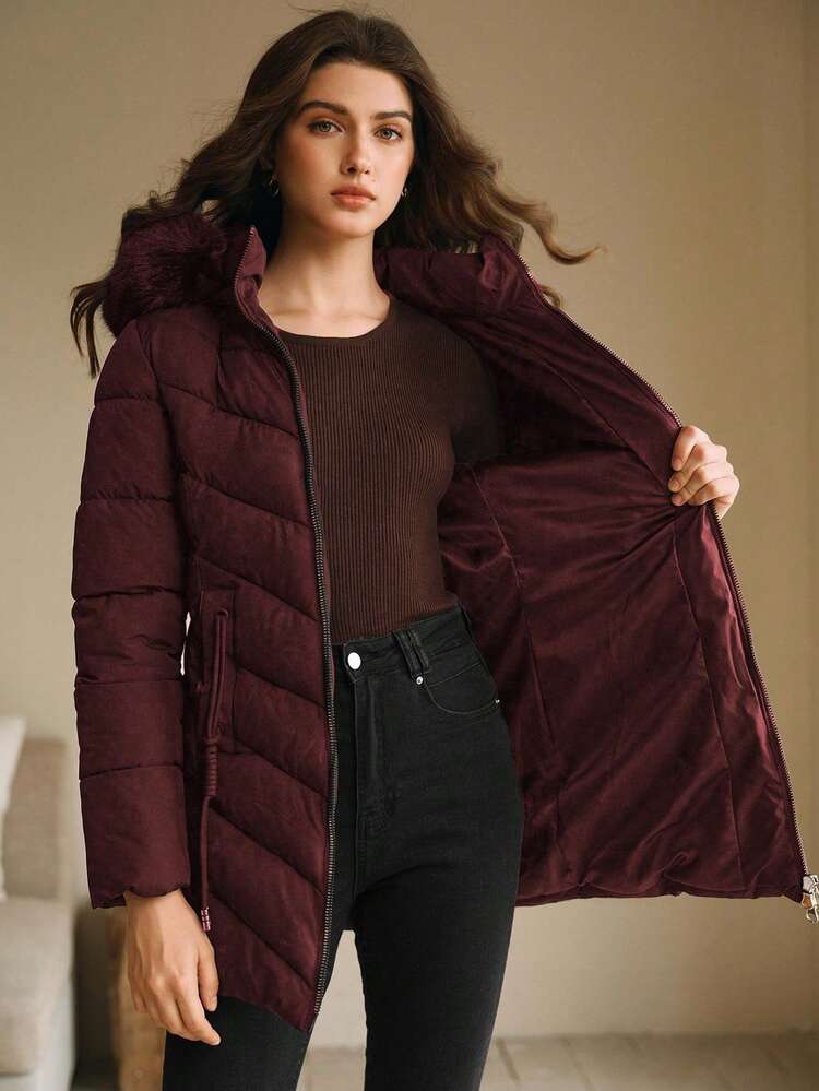Casaco Acolchoado com Capuz e Zíper, Comprimento Médio, Colarinho de Pele Removível, Moda Casual Feminina de Inverno