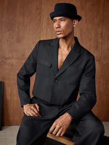 Business Casual Bộ vest nam đơn giản, màu trơn, cổ ve lật, túi nắp, gồm áo khoác ngắn và quần tây xếp ly, thích hợp cho việc đi làm hàng ngày. - màu đen - Xem 3