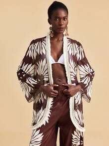 Travachic Women's Vacation Plant Print Tassel Trim Kimono Cover Up - Multicolor - View 3