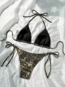 SHEIN Swim 女士沙滩度假比基尼套装 - 黑色 - 查看 3