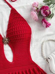 Soleia Women's V-Neck Halter Backless Fitted Sweater Dress, Bohemian, Boho, Vacation, Autumn/Winter - Red - View 4