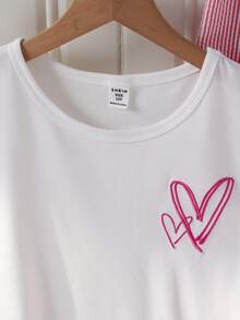 Set de 2 piezas de pijama con top de manga corta y pantalones con patrón bordado de corazón y ribete de encaje para niñas - Multicolor - Ver 5