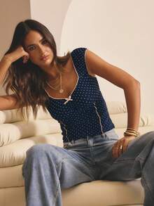 Aralina Top lindo para salir con detalles contrastantes, fruncido delantero y lunares en malla, para invierno/verano - Azul Marino - Ver 4