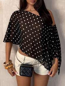 TRNVIE Blusa asimétrica de hombro de malla con lunares negros para mujer, primavera/verano - Negro - Ver 3