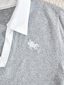 少女休闲撞色 Polo 领长袖 T 恤和裤子套装，秋季 - 灰色 - 查看 4