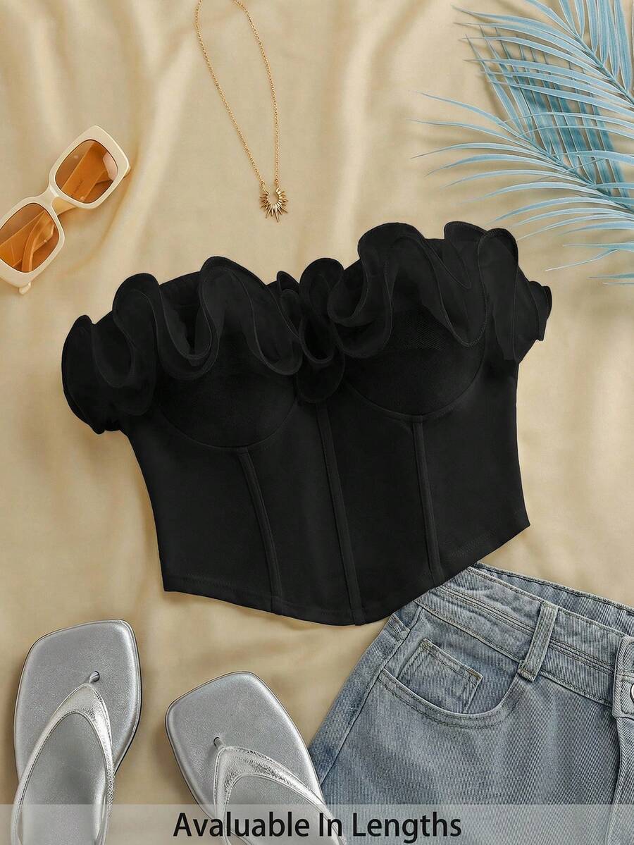 SHEIN Tall CURVE Plus Size Women Solid Color Ruffle Hem Bandeau Shapewear Top - Black - View 1