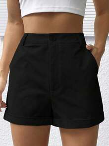 SHEIN EZwear Short décontracté unicolore avec poches, adapté pour le printemps et l'été, grande taille - Noir - Voir 2