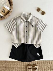 SHEIN 2pcs Young Boys Colorful Striped Polo Collar Short Sleeve Cardigan And Elastic Waist Shorts Set, Summer Clothes For School, Vacation, Spring - Multicolor - View 3