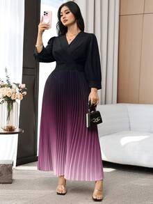 Modelyn Plus Size Elegant Commuter Ombre Pleated Hem Dress - Multicolor - View 7