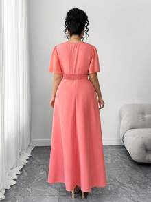 Elenzga Damen Große Größen V-Ausschnitt Geraffete Taille Patchwork Rüschenärmel Lässig Alltags Elegantes Kleid, Damen Große Größen V-Ausschnitt Kurzarm Bindegürtel Schlank Langes Kleid, Damen Große Größen Taille Eingeschnürt Schlank Midi A-Linie Kleid - Korallenrosa - Übersicht 2