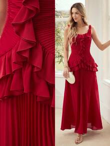 MOTF PREMIUM GAUN TANPA LENGAN UNTUK KENCAN ROMANTIS DENGAN HEM BERGELOMBANG UNTUK WANITA - Merah - View 9